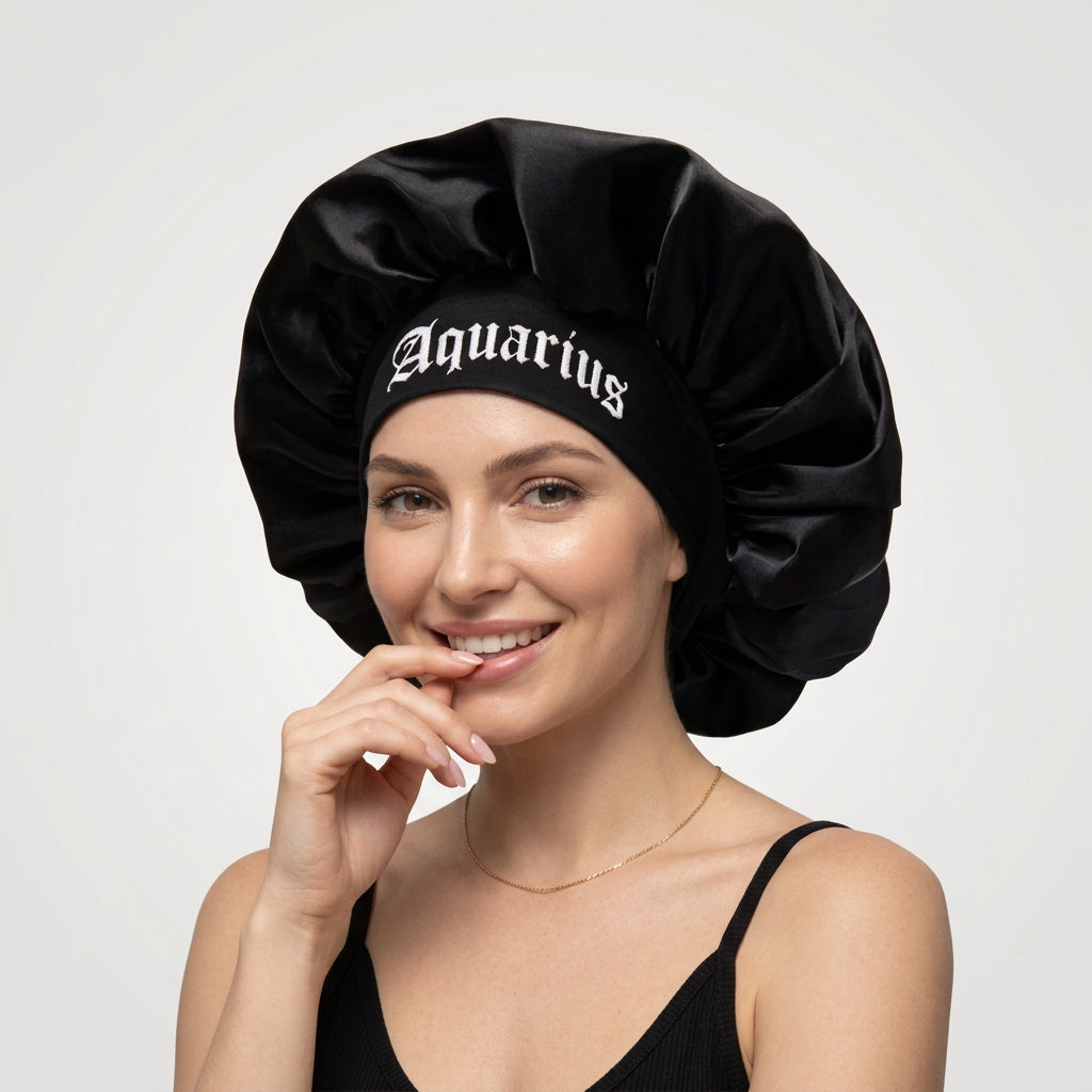 Black Satin Sleep Bonnet for Women – 12 Constellation Signs Print