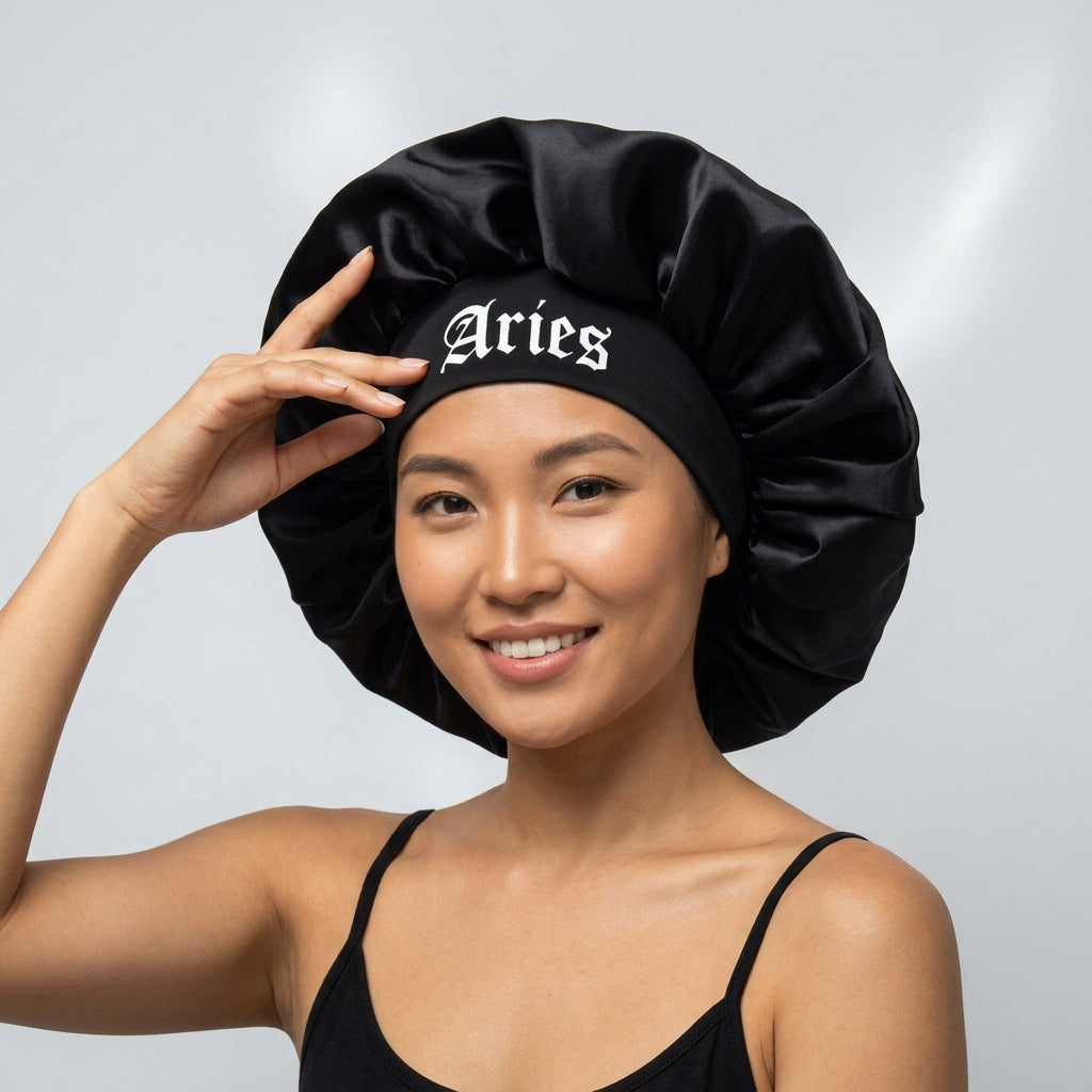 Black Satin Sleep Bonnet for Women – 12 Constellation Signs Print