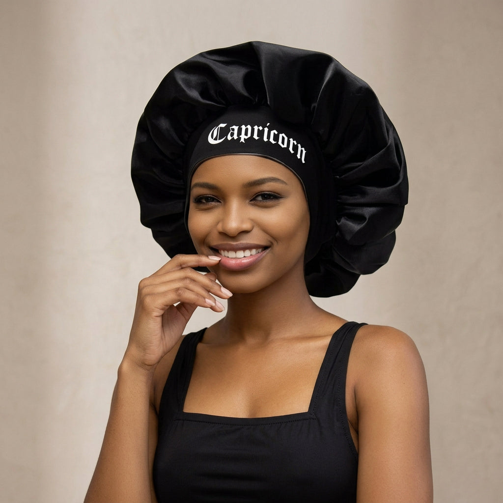 Black Satin Sleep Bonnet for Women – 12 Constellation Signs Print