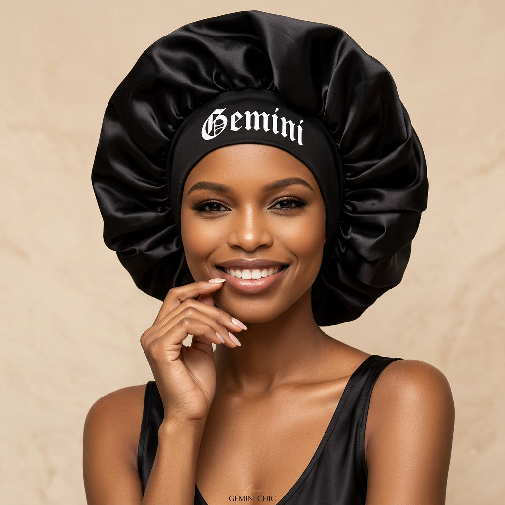 Black Satin Sleep Bonnet for Women – 12 Constellation Signs Print