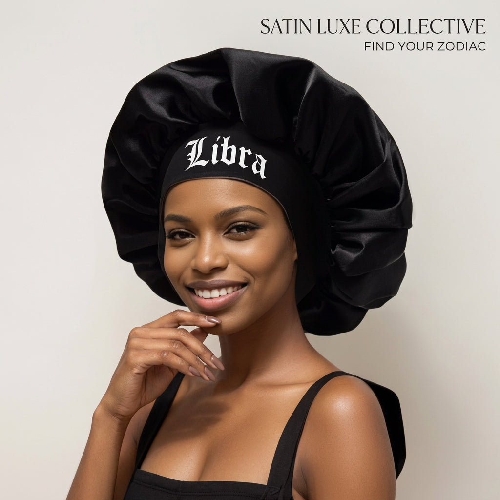Black Satin Sleep Bonnet for Women – 12 Constellation Signs Print