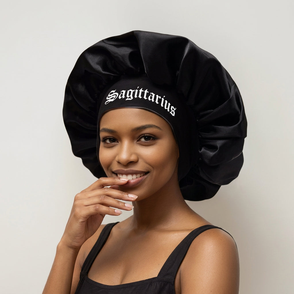 Black Satin Sleep Bonnet for Women – 12 Constellation Signs Print