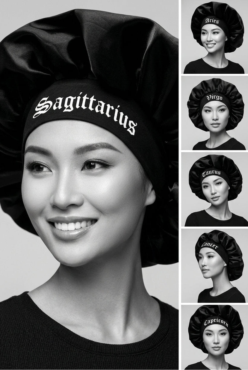 Black Satin Sleep Bonnet for Women – 12 Constellation Signs Print