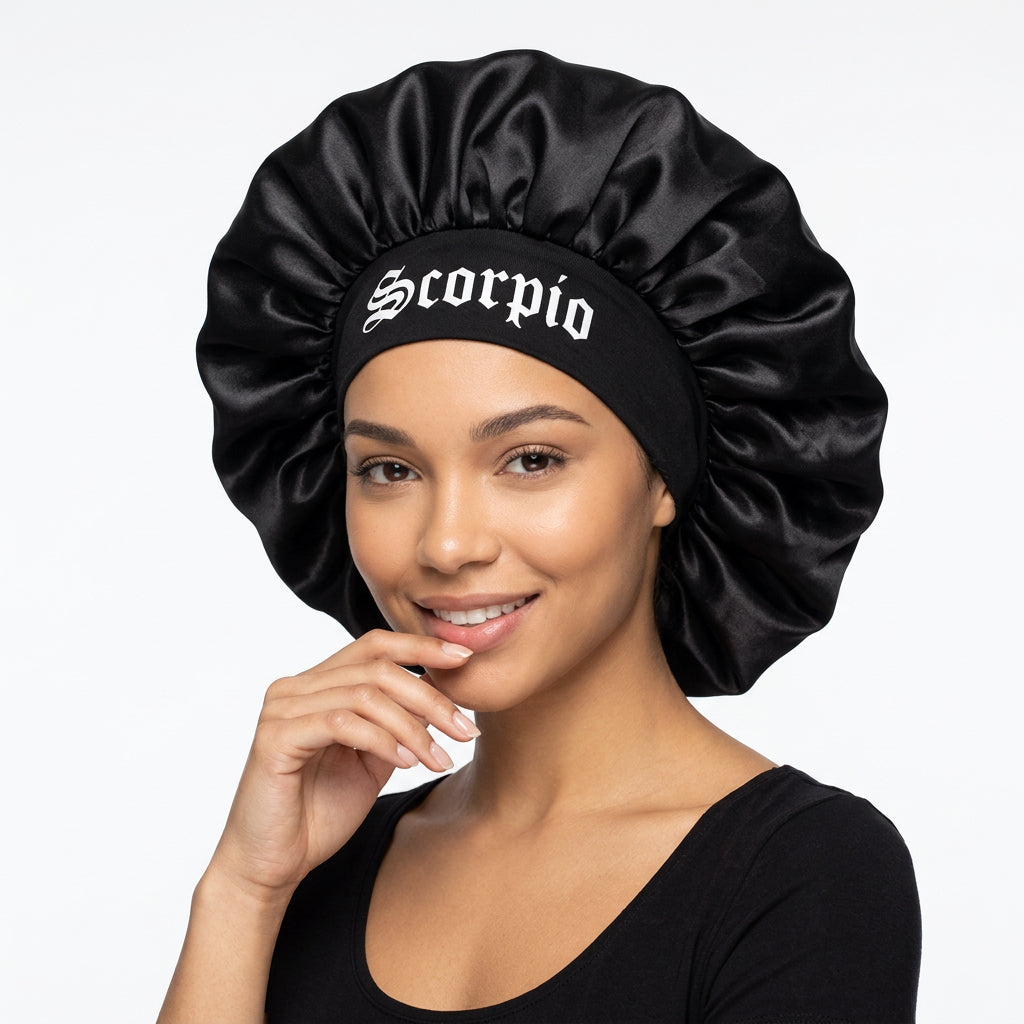 Black Satin Sleep Bonnet for Women – 12 Constellation Signs Print