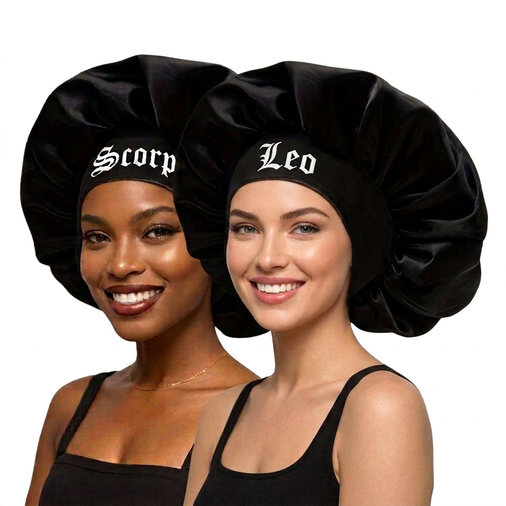 Black Satin Sleep Bonnet for Women – 12 Constellation Signs Print