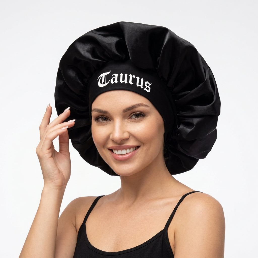 Black Satin Sleep Bonnet for Women – 12 Constellation Signs Print