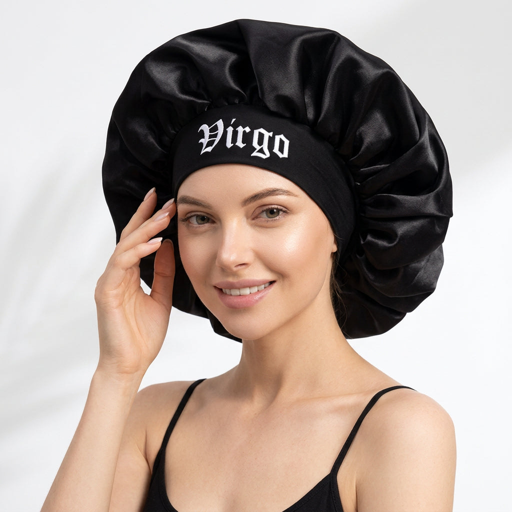 Black Satin Sleep Bonnet for Women – 12 Constellation Signs Print